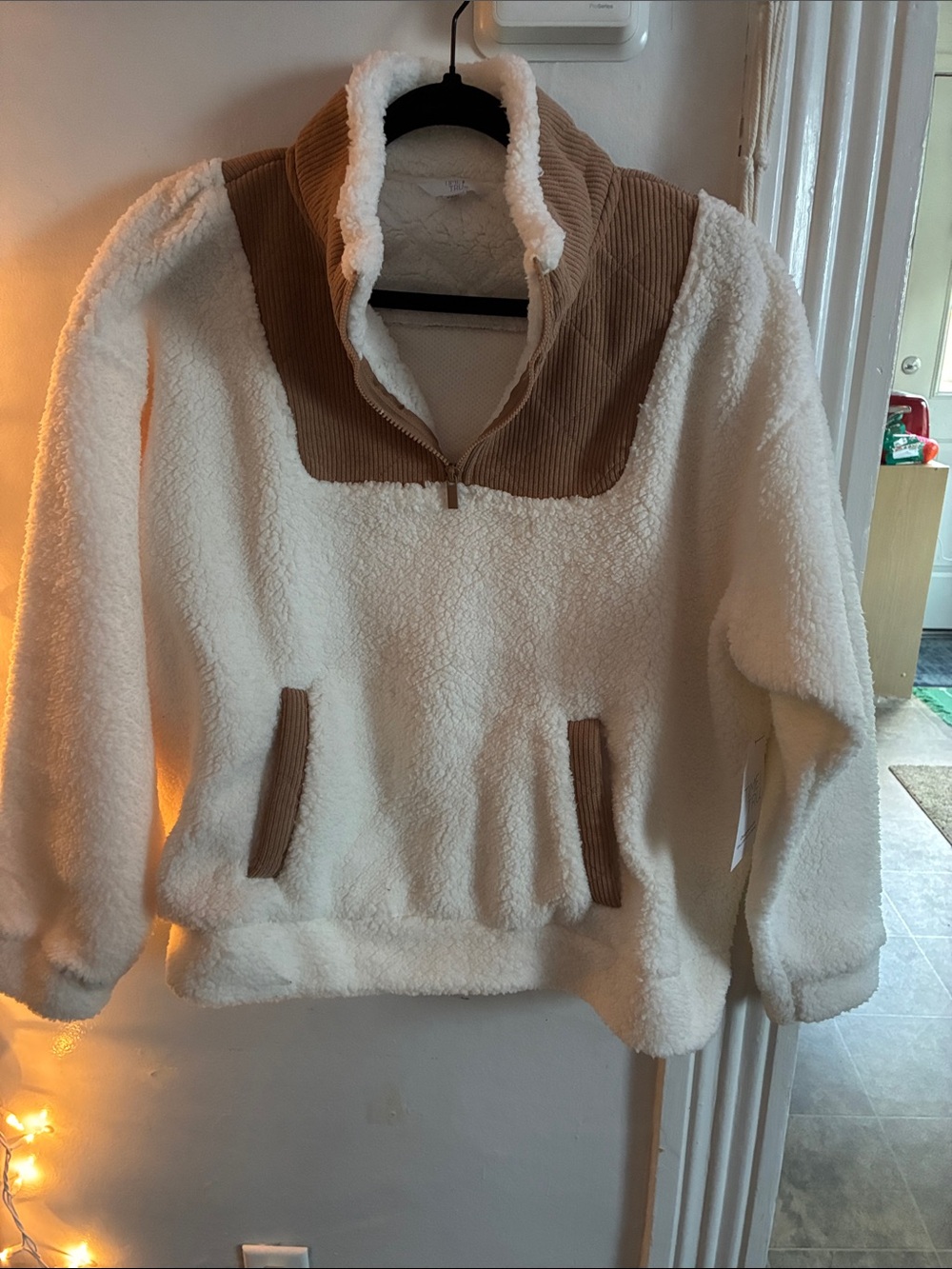 Time and Tru Cream and Tan Sherpa Pullover Hoodie